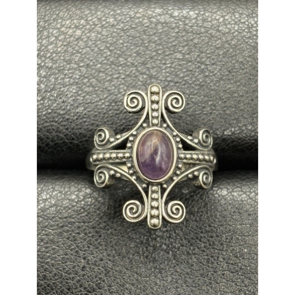 New Condition Sterling Silver Amethyst Scroll Ring Size 7 H4
